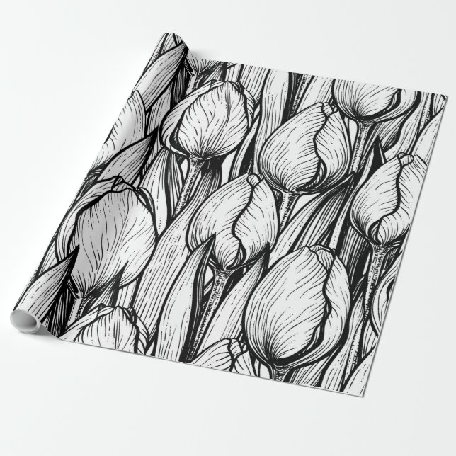 Papel De Presente Tulipas em preto e branco (Desenrolado)