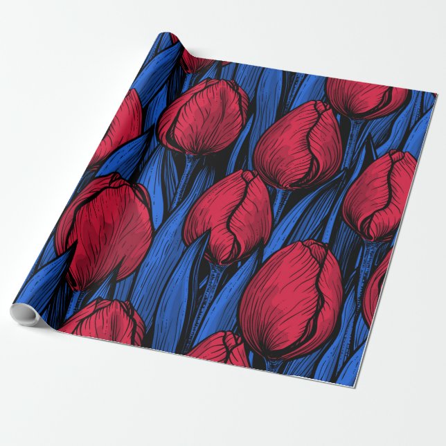 Papel De Presente Tulipas em vermelho e azul (Desenrolado)