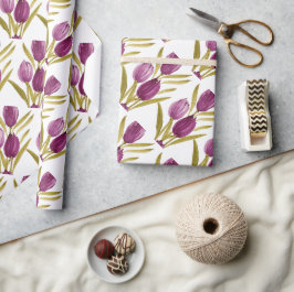 Papel De Presente Tulipas Púrpuras Quadradas Aquarela