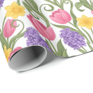 Papel De Presente Tulipas Rosa, Narcisos Amarelos, Jacintos Roxos