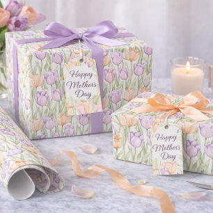 Papel De Presente Tulipas Roxas Pastel Pêssego Flora de Primavera