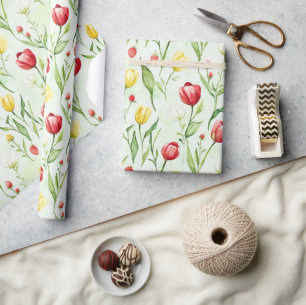 Papel De Presente Tulipas Vermelhas Amarelas Aniversário