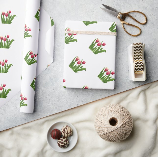 Papel De Presente Tulipas Vermelhas com Verde em Branco (Artesanato)