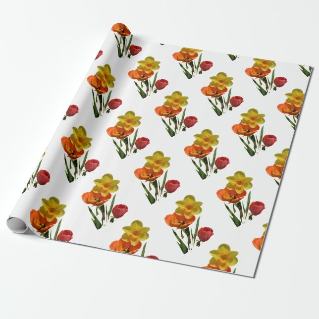 Papel De Presente Tulipas vermelhas e flores daffodil amarelas (Desenrolado)