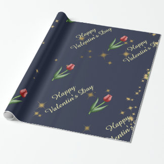 Papel De Presente Tulipas Vermelhas & Estrelas Douradas Lindas