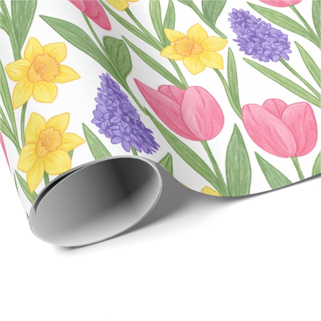 Papel De Presente Tulips, Daffodils, Hyacinths Coloring Style (Ponta do rolo)