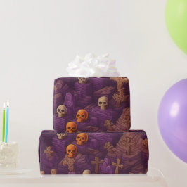 Papel De Presente Túmulos Roxos Caveiras de Prata Bronze Halloween