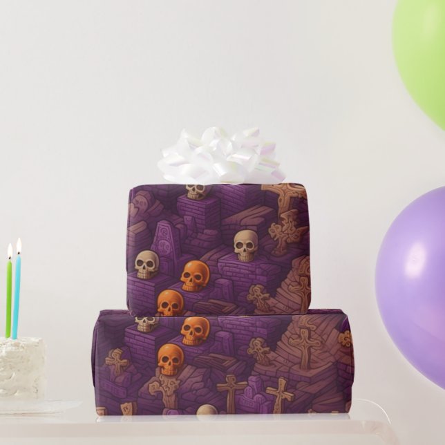 Papel De Presente Túmulos Roxos Caveiras de Prata Bronze Halloween (Presentes para festas)