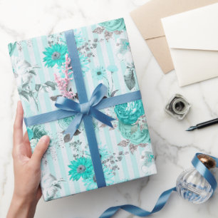 Papel De Presente Turquesa Azul e Floral Listrado para Qualquer Ocas