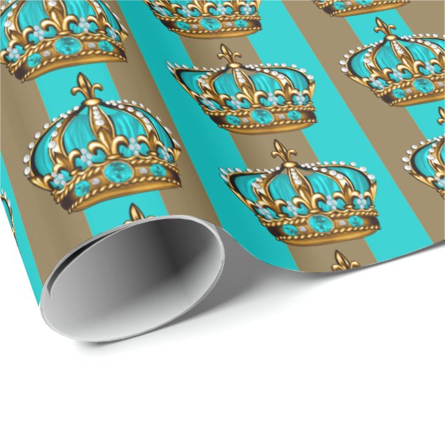 Papel De Presente Turquesa Blue Dourado Prince Crown (Ponta do rolo)
