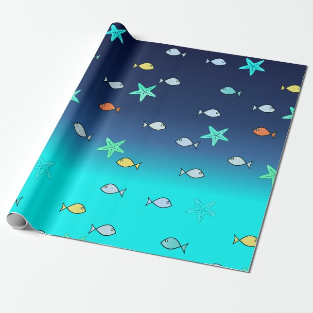 Papel De Presente Turquesa-branca — Peixe-Estrelado Verde Azul (Desenrolado)