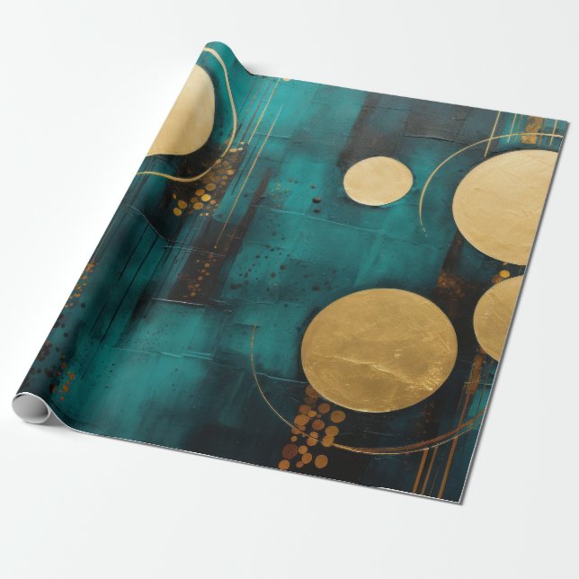 Papel De Presente Turquesa com formas douradas (Desenrolado)