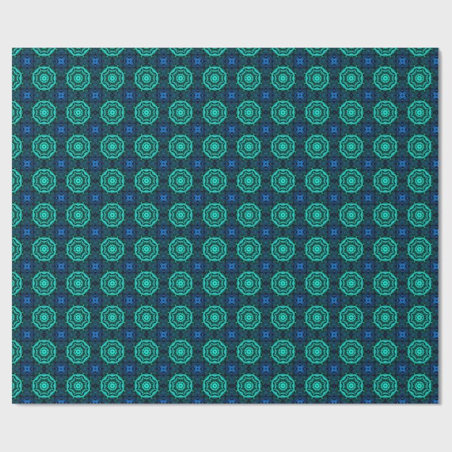 Papel De Presente Turquesa e Azul Padrão Fractal Caleidoscópio (Aberto)