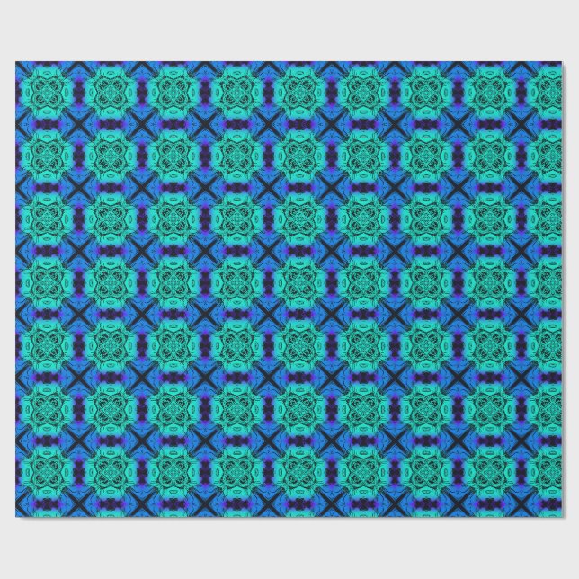 Papel De Presente Turquesa e azul Padrão Fractal de Caleidoscópio (Aberto)