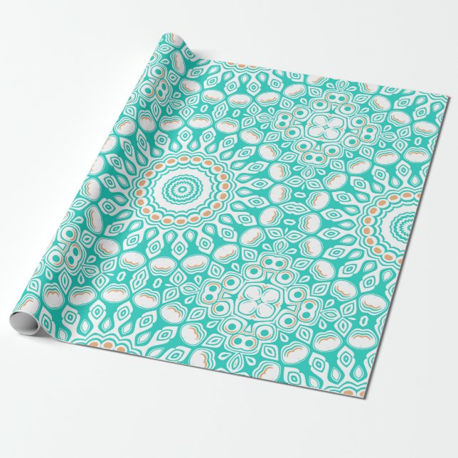Papel De Presente Turquesa e Bege Padrão de Mandala do Oceano (Desenrolado)