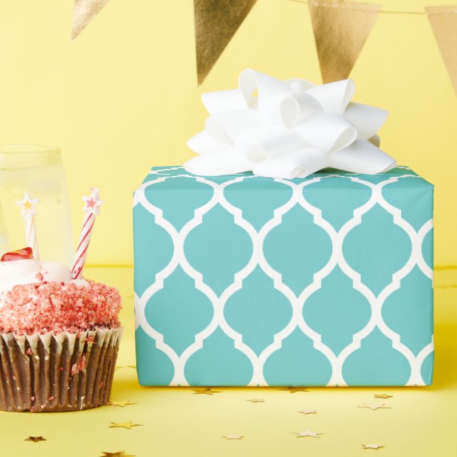 Papel De Presente Turquesa e Quatrefoil Branco marroquino (Festa de aniversário)