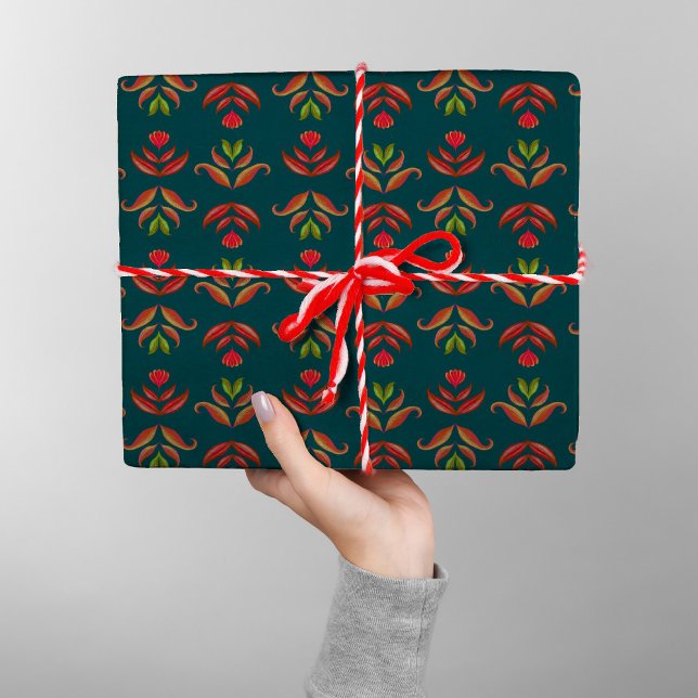 Papel De Presente Turquesa Folk Art Floral Cozy e Natal Russo (Criador carregado)