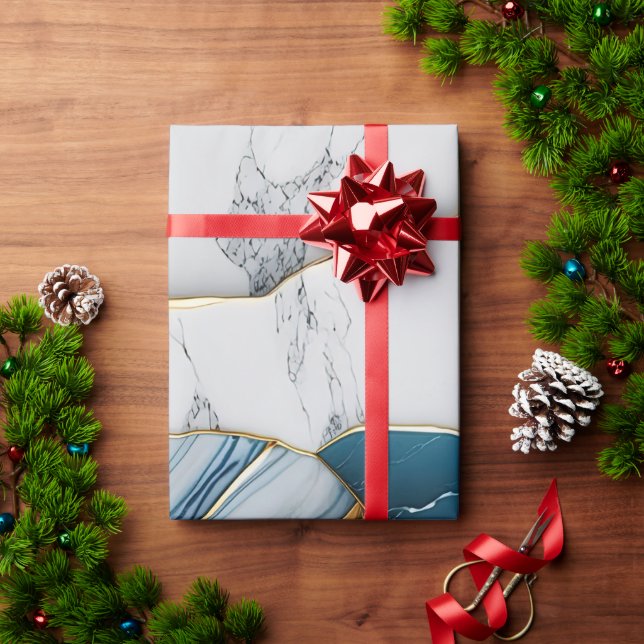 Papel De Presente Turquesa Mármore Pedra Branco Resplandecente Doura (Presente de Natal)