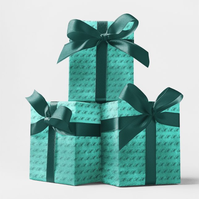 Papel De Presente Turquesa Monograma Luxuoso Falso Brilho (Teal Fancy Monogram Shiny Turquoise Faux Foil Wrapping Paper)