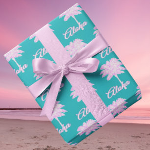 Papel De Presente Turquesa Rosa Branco Palma Aloha Tropical
