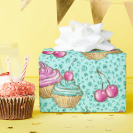 Papel De Presente Turquesa Rosa e Cupcakes Azuis Cintilados Aniversá