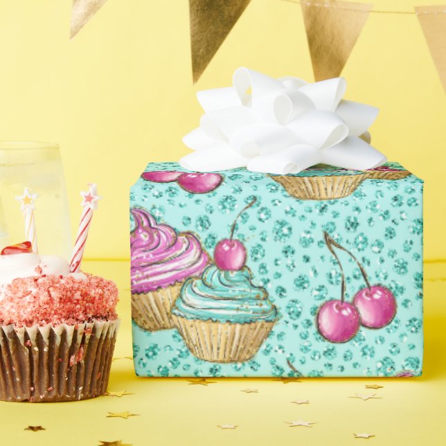 Papel De Presente Turquesa Rosa e Cupcakes Azuis Cintilados Aniversá (Festa de aniversário)