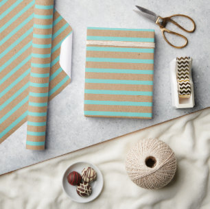 Papel De Presente Turquesa Verde Menta Linhas Kraft Marrom Rústico F