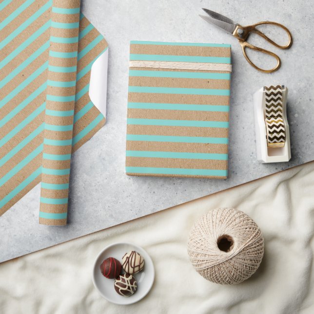 Papel De Presente Turquesa Verde Menta Linhas Kraft Marrom Rústico F (Artesanato)