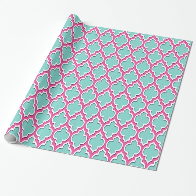 Papel De Presente Turquoise Aqua Quente Rosa Branco #4DS (Desenrolado)