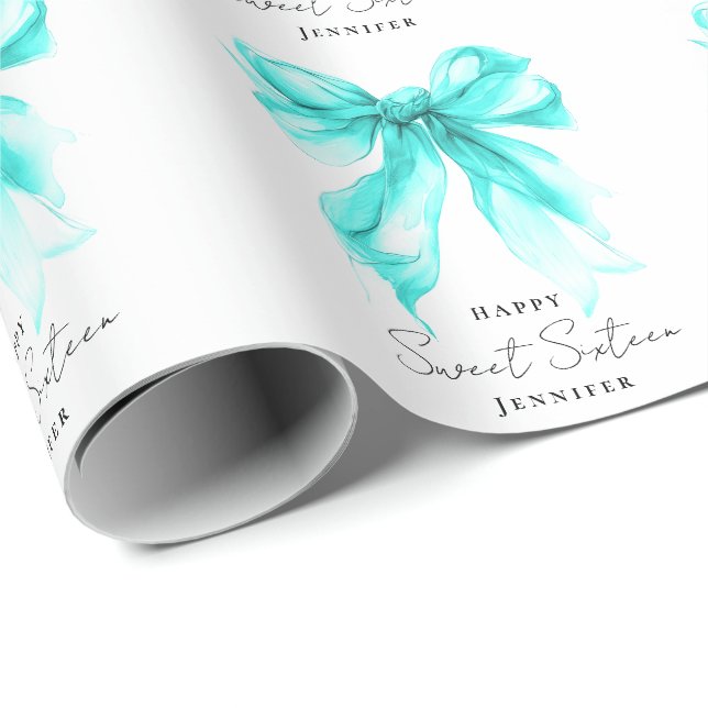 Papel De Presente Turquoise Bow Coquette Script Sweet 16 Party  (Ponta do rolo)