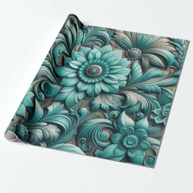 Papel De Presente Turquoise Floral com ferramenta Turquoise Teal (Desenrolado)