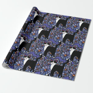 Papel De Presente Tuxedo Cat Daisies Roxo