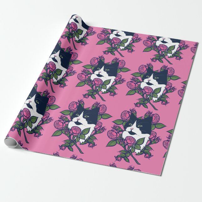 Papel De Presente Tuxedo Cat Peony Floral Art Tuxie Cats (Desenrolado)