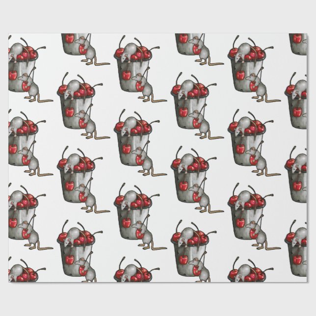 Papel De Presente Two MICE Stealing Cherries, Bucket of Cherries Art (Aberto)