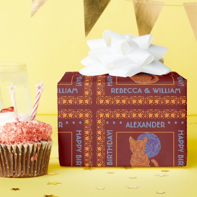 Papel De Presente Um Gato Laranja E O Lover Da Lua Personalizaram (Festa de aniversário)