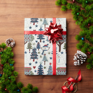 Papel De Presente Um Homem De Neve E Árvores De Natal Em Um Padrão A