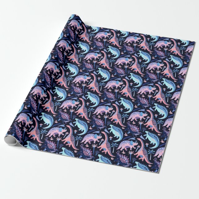 Papel De Presente Um lindo padrão de dinossauros cartoon. (Desenrolado)