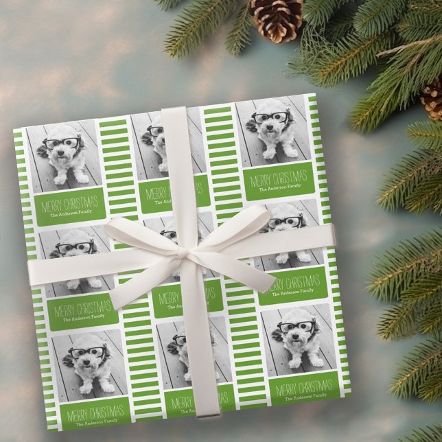 Papel De Presente Um Natal Verde Moderno, Uma Foto (Personalized Wrapping paper - 1 Photo)