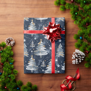 Papel De Presente Um Padrão de Árvores e Estrelas no Fundo Azul Escu