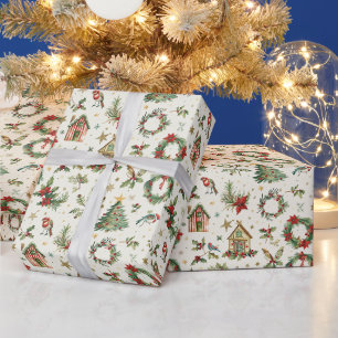 Papel De Presente Um Padrão De Natal Com Pássaros E Holly