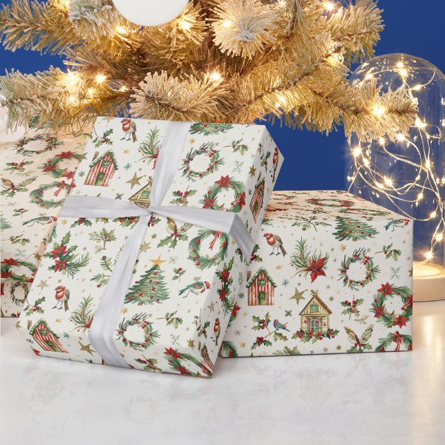 Papel De Presente Um Padrão De Natal Com Pássaros E Holly (Feriados)