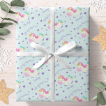 Papel De Presente Unicorn Glitter Rainbow Aqua Christmas<br><div class="desc">Este papel de embrulho de Natal apresenta um unicórnio arco-íris e design de coração com falsa brilho dourado. Personalize-o com um nome.</div>