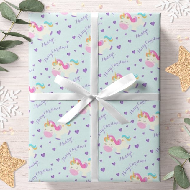 Papel De Presente Unicorn Glitter Rainbow Aqua Christmas (Criador carregado)