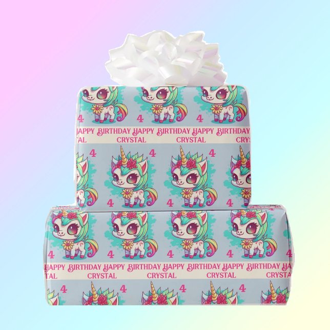 Papel De Presente Unicorn Rainbow Personalize Name & Age Girl's (Criador carregado)