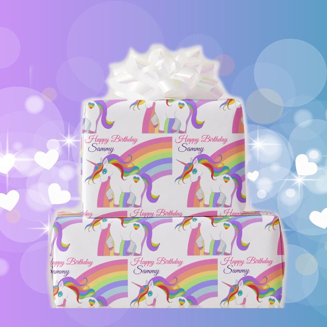Papel De Presente Unicorn Rainbow Personalize Name Little Girl's (Criador carregado)