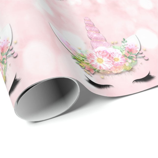 Papel De Presente Unicorn Sparkl Glitter Floral Cor-de-Rosa Girly (Ponta do rolo)