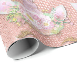 Papel De Presente Unicorn Sparkly Glitter Floral Dourada Rosa