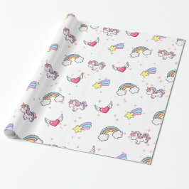 Papel De Presente Unicórnio Arco-íris Branco Mágico Estrela Fofa