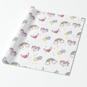 Papel De Presente Unicórnio Arco-íris Branco Mágico Estrela Fofa