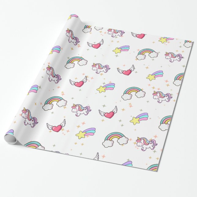 Papel De Presente Unicórnio Arco-íris Branco Mágico Estrela Fofa (Desenrolado)